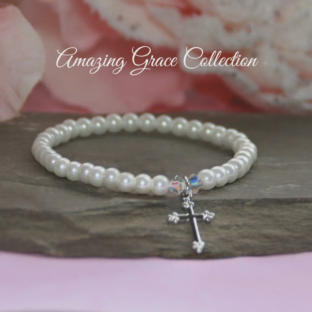 Classic Pearl with Rhodium Cross 6.5" Bracelet