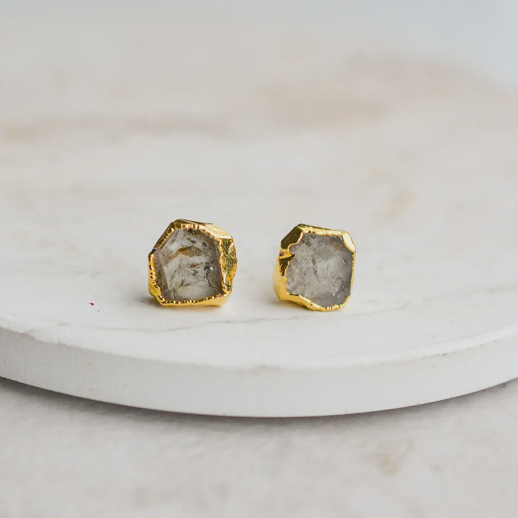 Gold Raw Herkimer Diamond Gemstone Studs