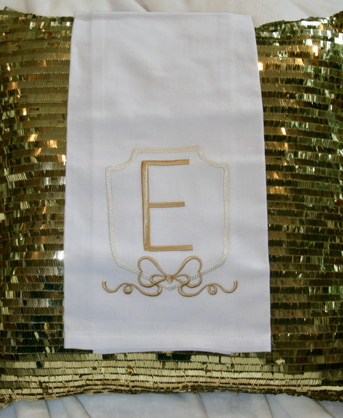Tea Towel White Linen with Gold Monogramming