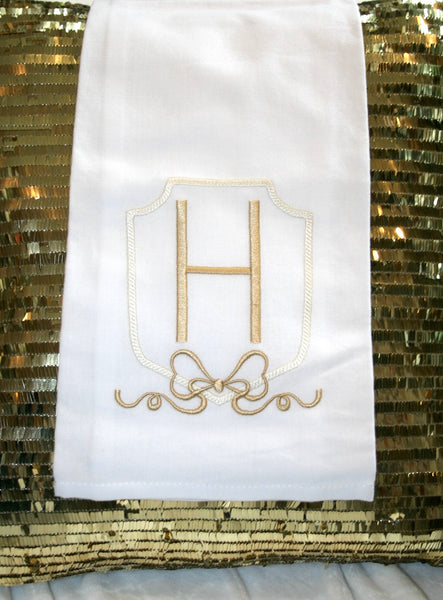 Tea Towel White Linen with Gold Monogramming