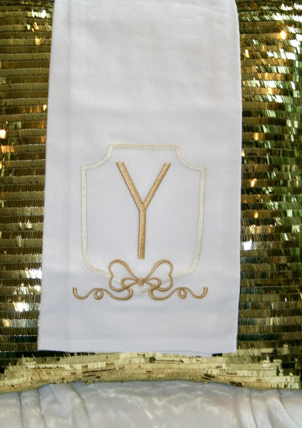 Tea Towel White Linen with Gold Monogramming