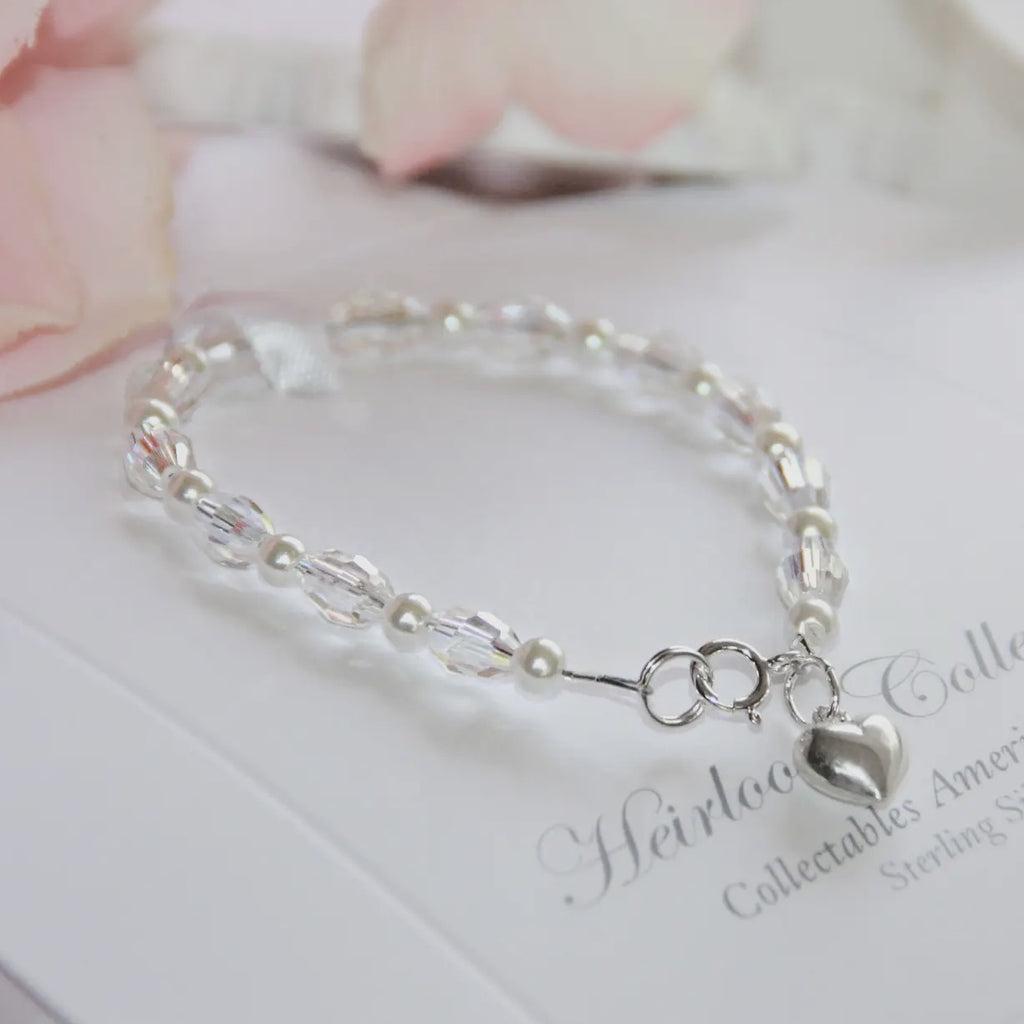 Sterling Rhodium Heart Crystals & Pearls Bracelet STG-146HT