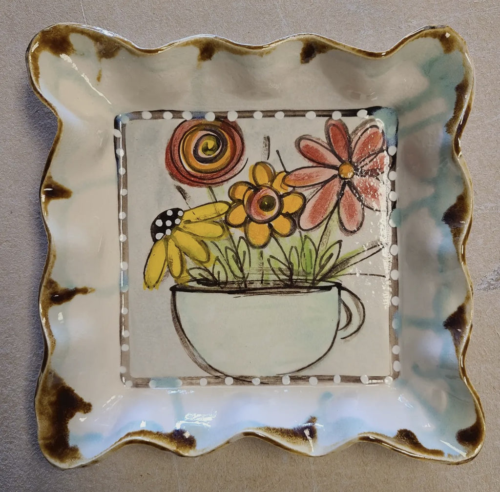 Medium Square Tray Pottery Drip Flowers