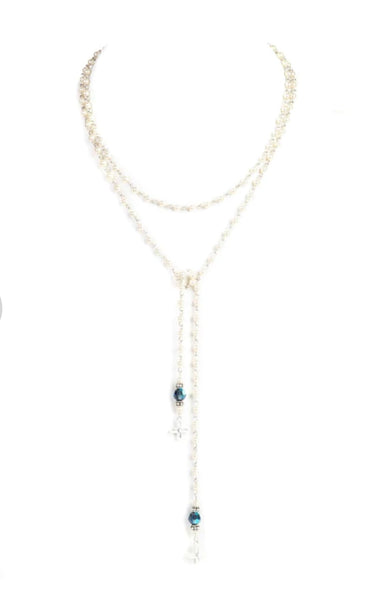 Peace Cross Beaded Lariat Cream Pearl Necklace