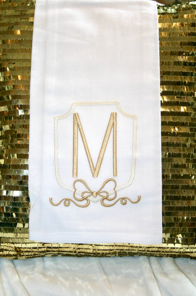 Tea Towel White Linen with Gold Monogramming