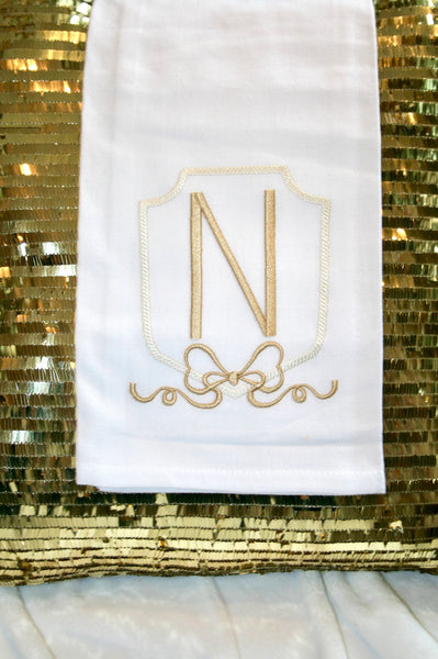 Tea Towel White Linen with Gold Monogramming