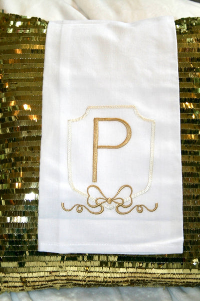 Tea Towel White Linen with Gold Monogramming