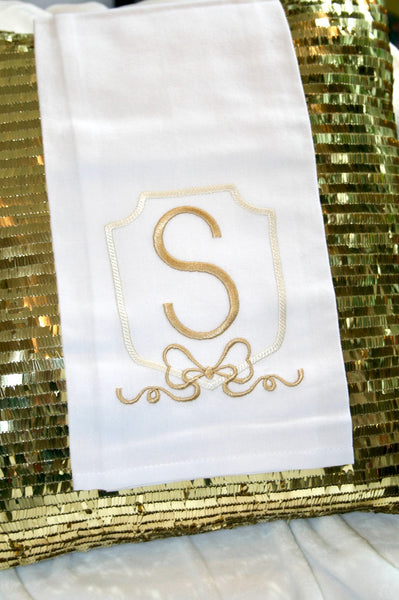 Tea Towel White Linen with Gold Monogramming