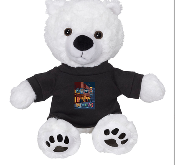 White teddy bear wearing a black t-shirt with colorful graphics on a white background