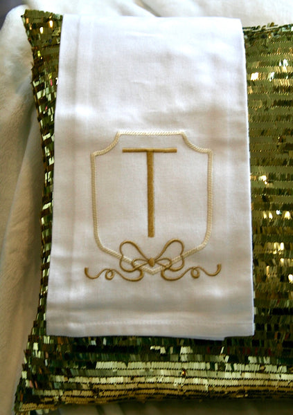Tea Towel White Linen with Gold Monogramming