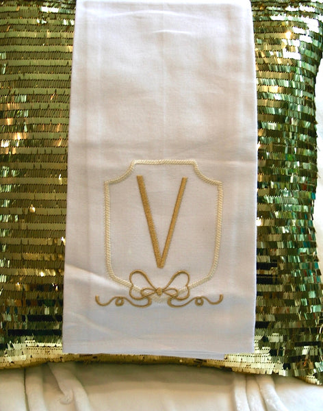 Tea Towel White Linen with Gold Monogramming