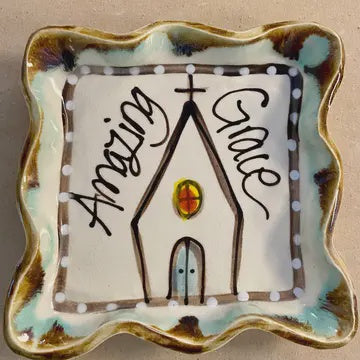 Candle Plate Drip Church "Amazing Grace" Square Pottery
