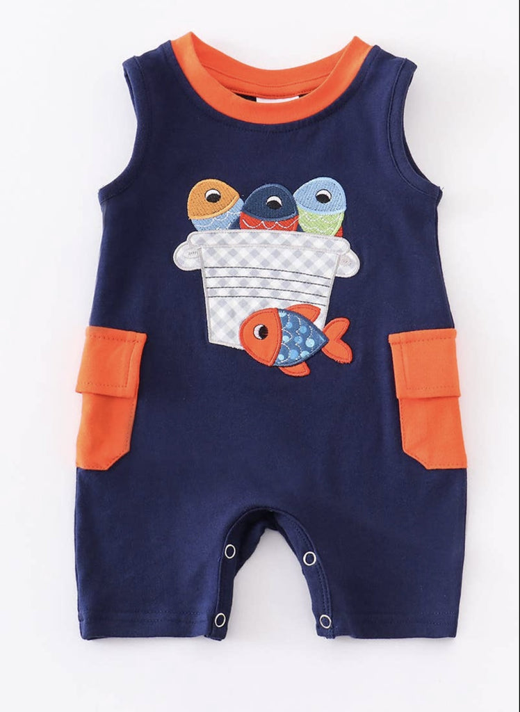 Navy Fish Appliqué Pocket Newborn Baby Boy Romper