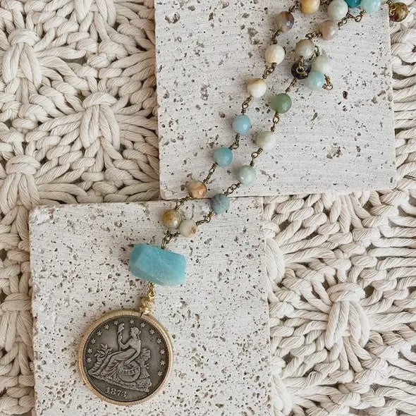 Amazonite Relic Coin Necklace 30"