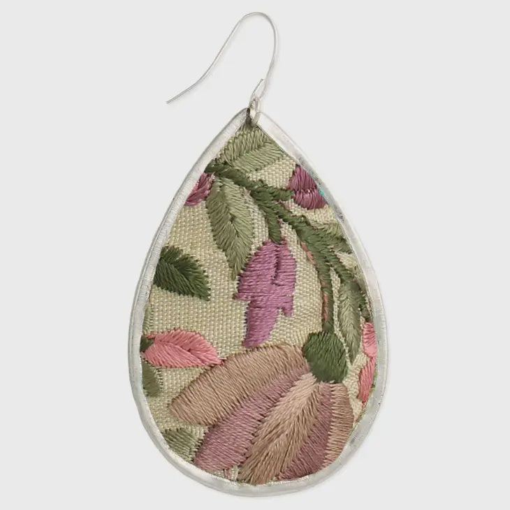 Pink Flower Embroidered Elegance Silver Teardrop Earrings