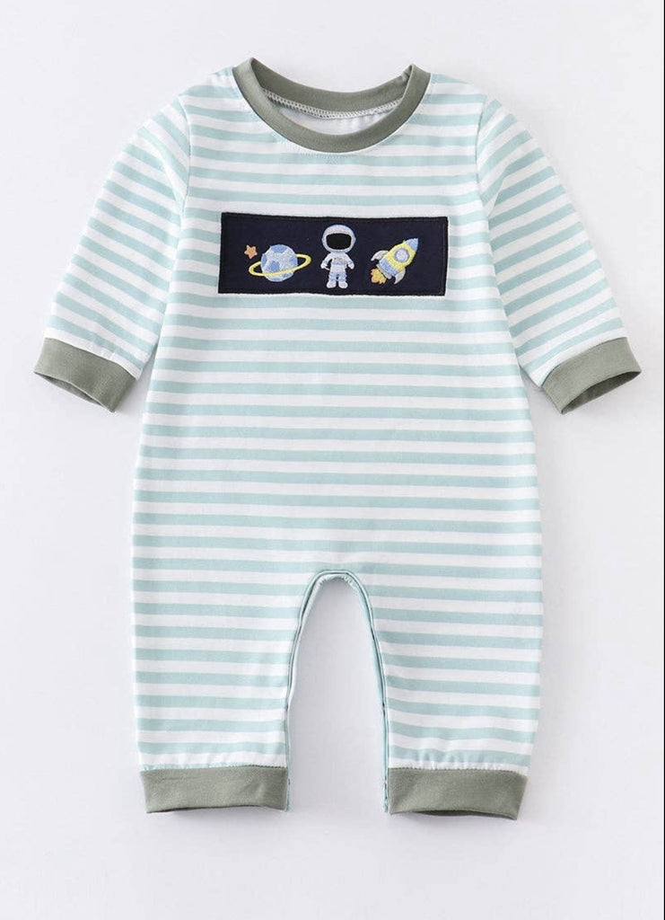 Green astronaut embroidery stripe baby boy romper