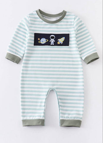 Green astronaut embroidery stripe baby  boy romper