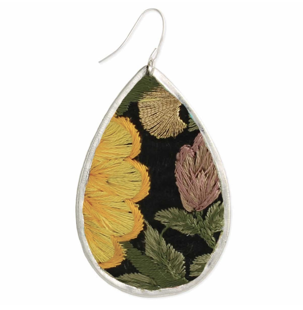 Embroidered Elegance Yellow Flower Silver Teardrop Earrings