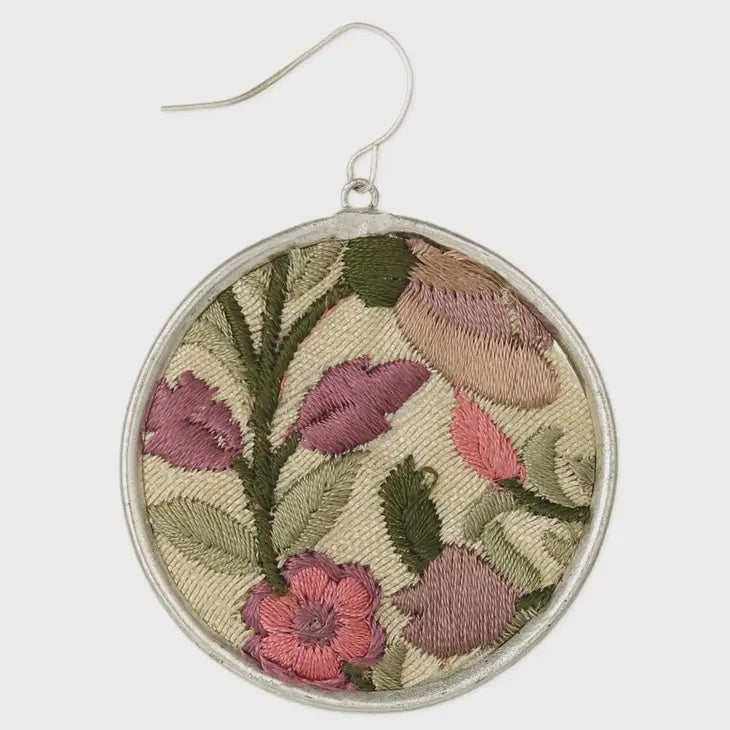 Pink Embroidered Flower Round Earrings