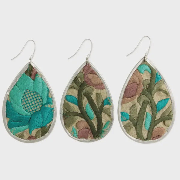 Turquoise Floral Embroidered Silver Teardrop Earring