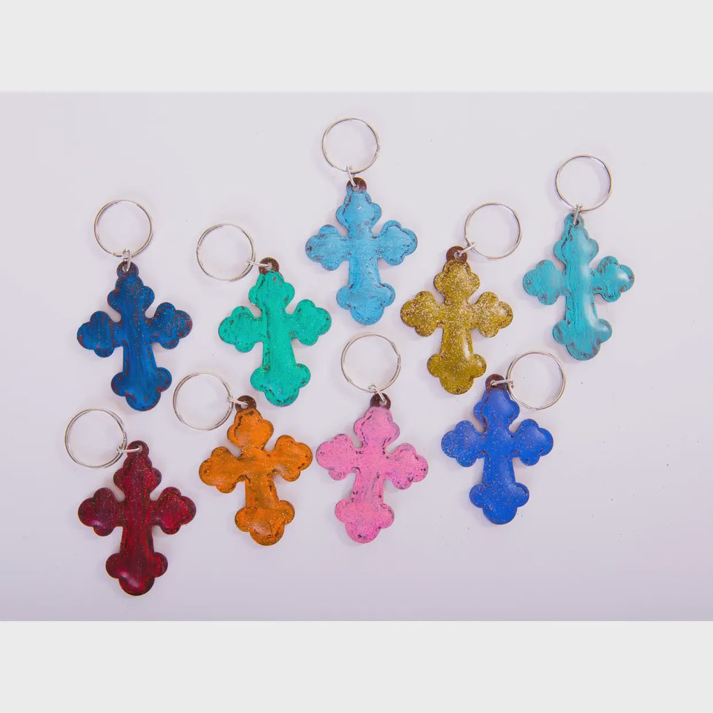 Puffed Metal Cross Keychain Asst. Colors