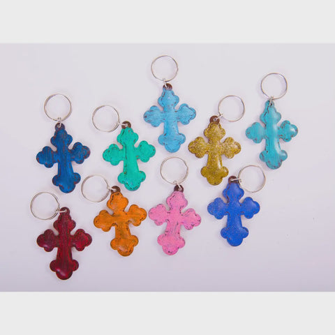Puffed Metal Cross Keychain Asst. Colors
