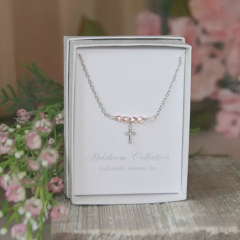 Pastel Pink Faceted Pearl Cross Necklace CJ-603