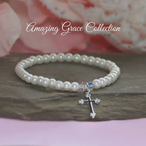 Classic Pearl with Rhodium Cross 6.5" Bracelet