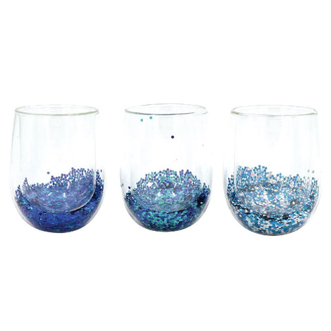 Blue Glitter Stemless Wine Drinking Glass 13473