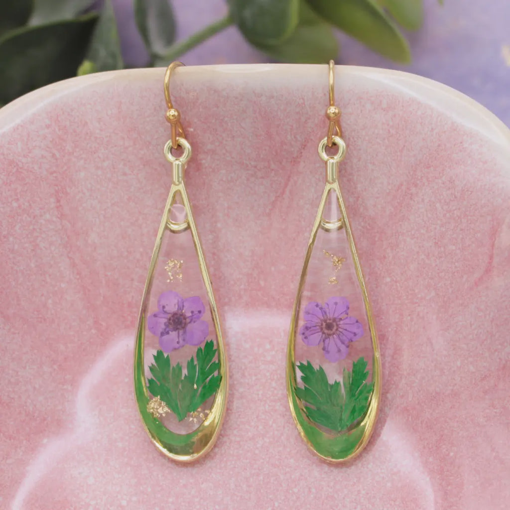 Purple Flower Gold Teardrop Dried Flower Earrings