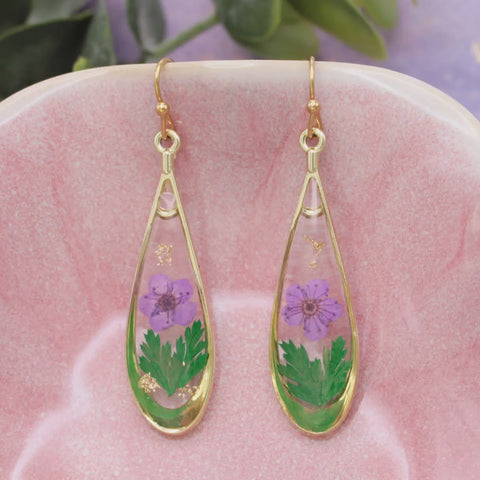 Purple Flower Gold Teardrop Dried Flower Earrings