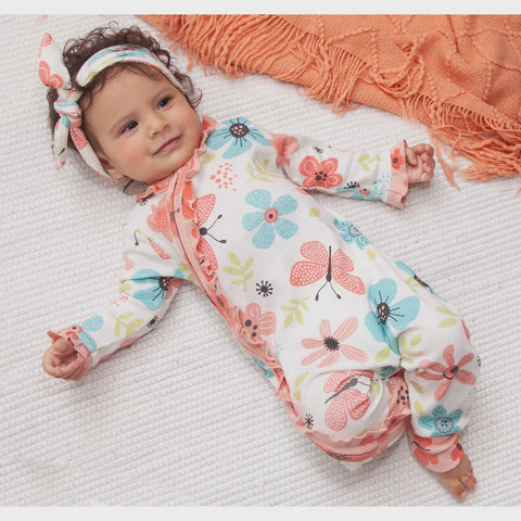 Fluttering Blossoms Baby Girl Cotton Zipper Romper 6/12mo