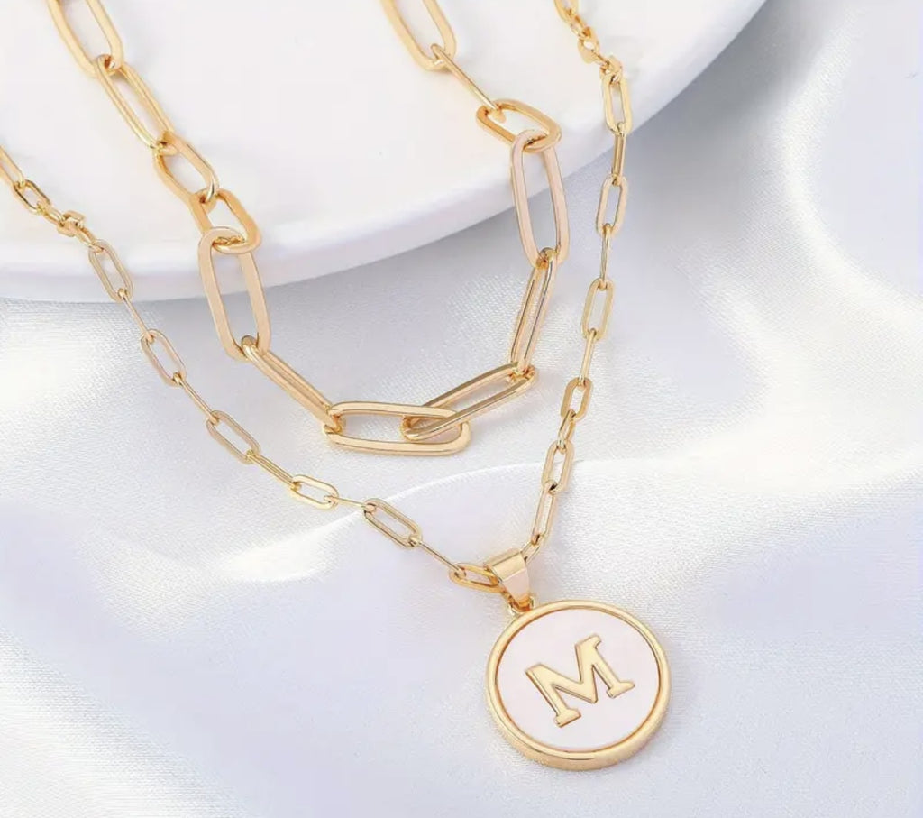 Gold Double Layer Chain Round Initial Necklace