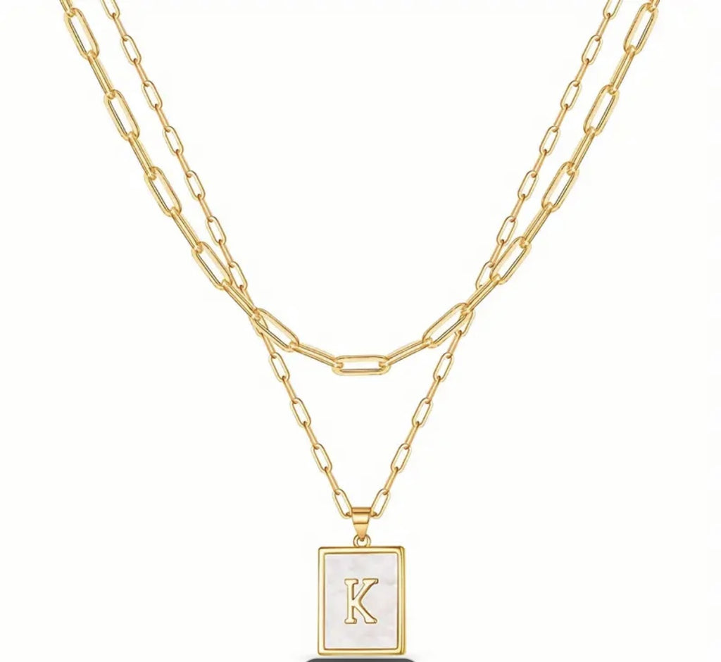 Gold Double Layer Chain Rectangle Initial Necklace