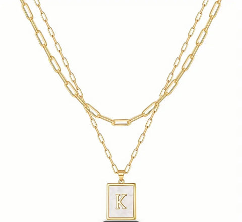 Gold Double Layer Chain Rectangle Initial Necklace