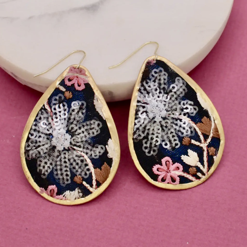 Black and Pink Embroidered Teardrop Earrings