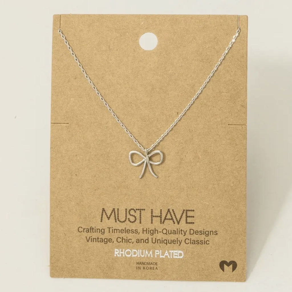 Silver dipped wire ribbon, bow pendant necklace