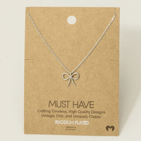 Silver dipped wire ribbon, bow pendant necklace