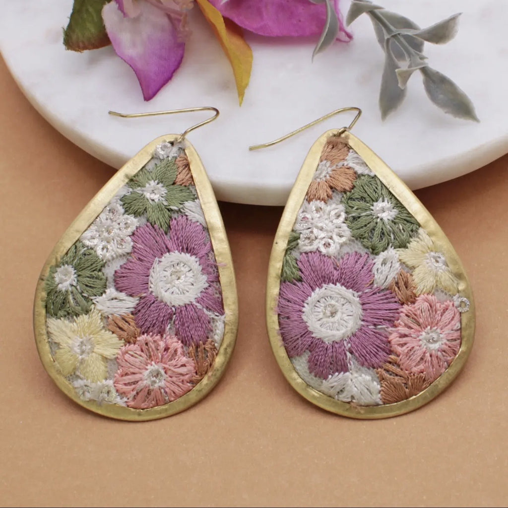 Olive & Pink Floral embroidered earrings