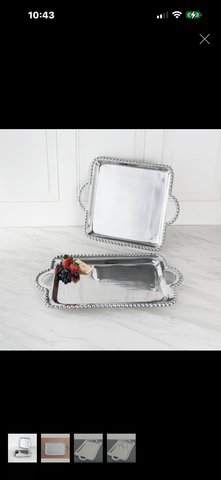 Rectangle silver beaded tray with handles