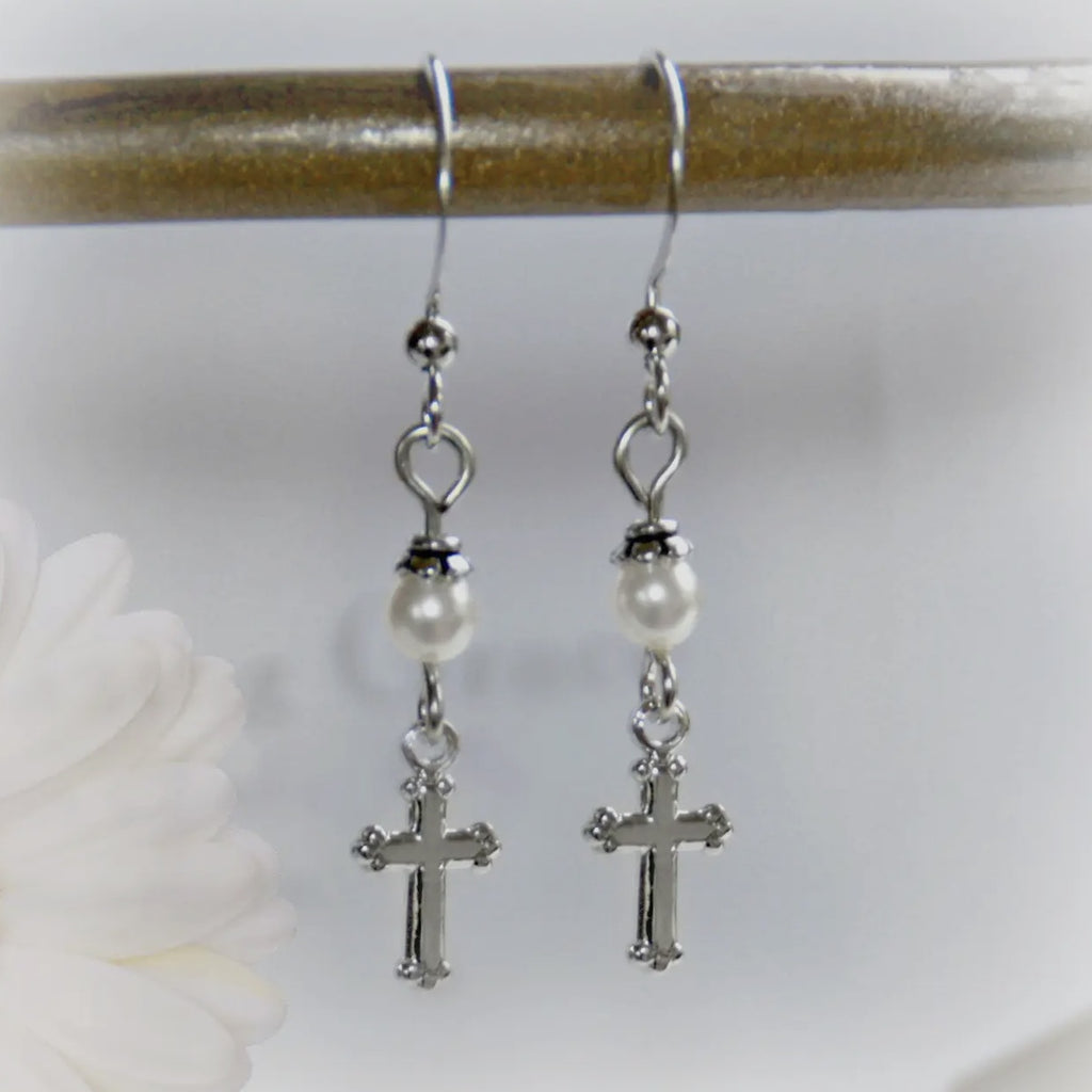 Girl Cross and Pearl Drop Earrings GG-19