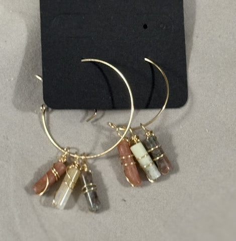 Gold Medium Hoops with Wire Wrapped Hanging Natural Stone