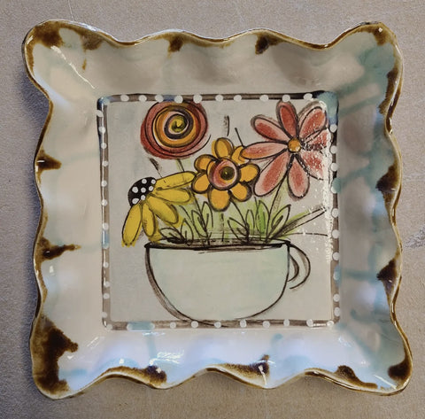 Medium Square Tray Pottery Drip Flowers