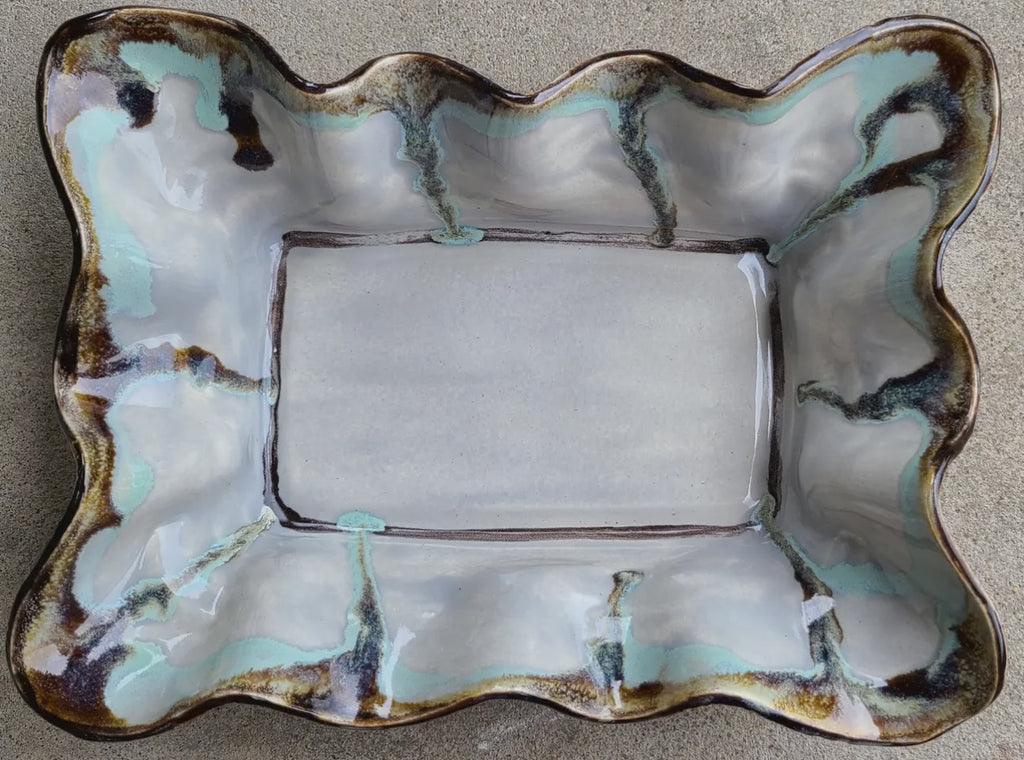 Small Baking Dish Plain Pottery Turquoise Scalloped Edges