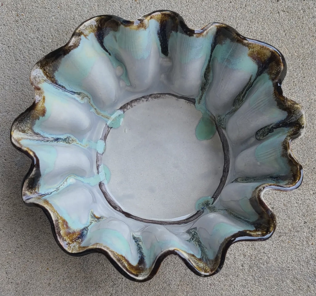 Dip Bowl Plain Pottery Scallop Edges Turquoise