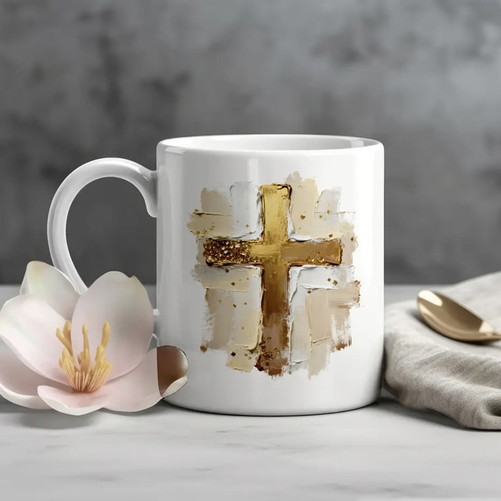Gold Cross Mug  Hand Painted  Oil  Brushstroke