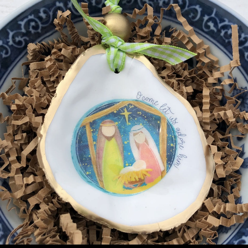 Oyster shell ornament. Oh come, let us adore him.