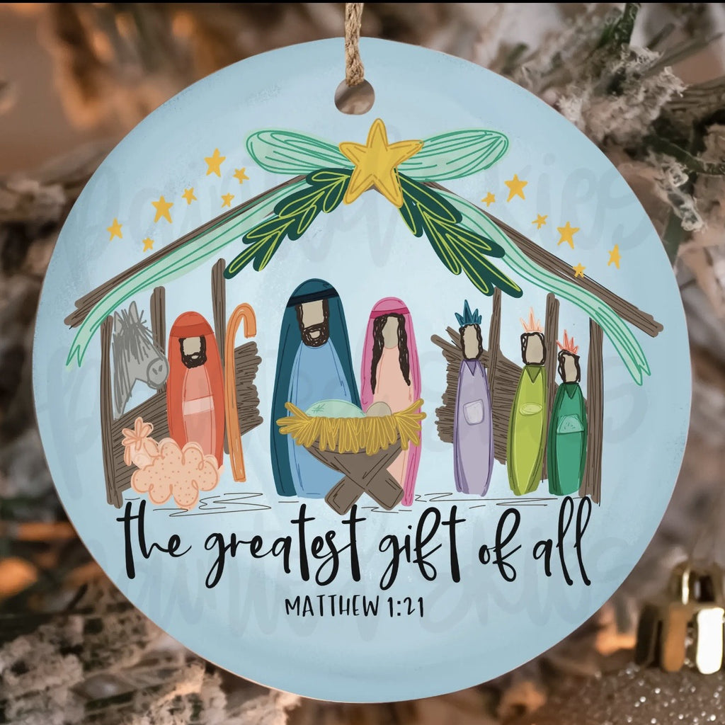- Greatest Gift of all Nativity Ornament blue