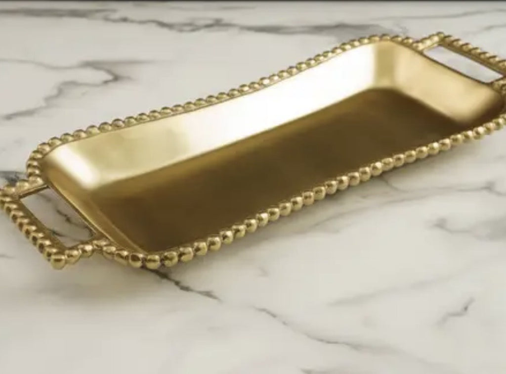 Gold Beaded Handle Rounded Rectangle Tray 19 x 8”