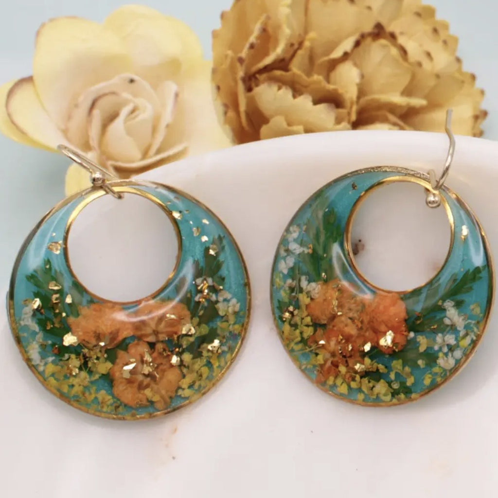 Blue Moods Gold Circle Orange Droed Flowers Earrings